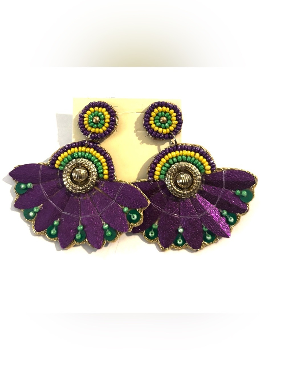 Fashion Jewelry Purple Fan Drop Earrings with Green and Yellow Beads
